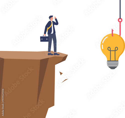 Businessman Facing Creative Idea Bait at Cliff