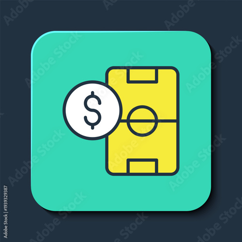 Filled outline Soccer football betting money icon isolated on blue background. Football bet bookmaker. Soccer betting online make money. Turquoise square button. Vector