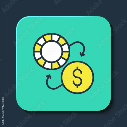 Filled outline Casino chips exchange on dollar icon isolated on blue background. Turquoise square button. Vector