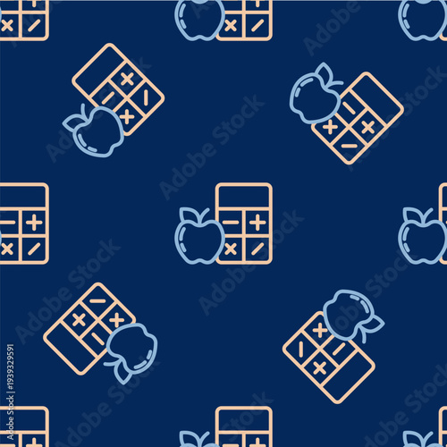 Line Calorie calculator icon isolated on isolated seamless pattern on blue background. Calorie count. Diet. Weight loss. Portion control. Healthy eating. Dietary nutrition. Vector