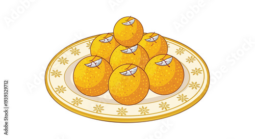 Vector illustration of 6 yellow oranges on decorative plate
