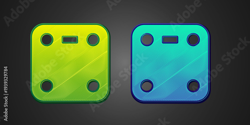 Green and blue Bathroom scales icon isolated on black background. Weight measure Equipment. Weight Scale fitness sport concept. Vector