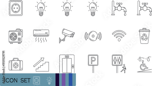 Print Smart Home and Building Facilities Icon Set Featuring HVAC Systems Security Cameras Connectivity and Accessibility Symbols