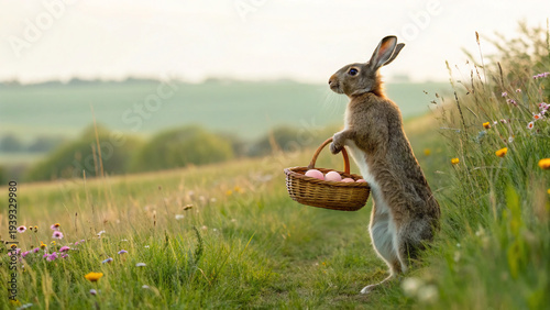 Rabbit carries basket of pink eggs along grassy path on a sunny day in spring