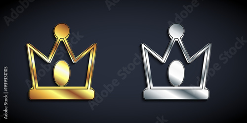 Gold and silver King crown icon isolated on black background. Long shadow style. Vector