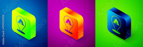 Isometric Circus tent icon isolated on blue, purple and green background. Carnival camping tent. Amusement park. Square button. Vector