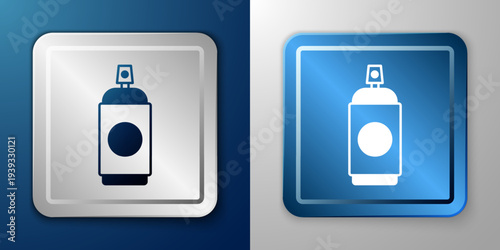 White Paint spray can icon isolated on blue and grey background. Silver and blue square button. Vector