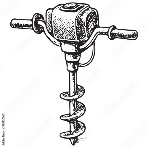 Gas Powered Earth Auger Illustration – Heavy Duty Drilling Tool for Outdoor Survival Work