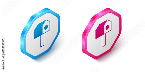Isometric Bird house icon isolated on white background. Nesting box birdhouse, homemade building for birds. Hexagon button. Vector