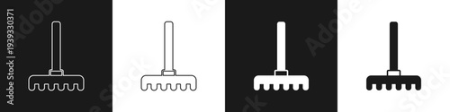 Set Garden rake icon isolated on black and white background. Tool for horticulture, agriculture, farming. Ground cultivator. Housekeeping equipment. Vector