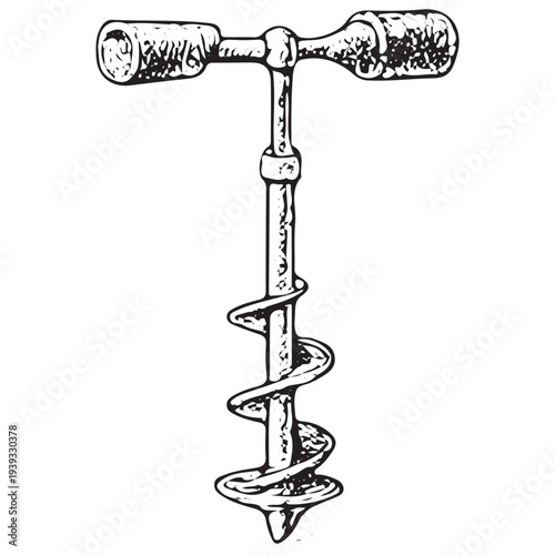 Manual Ice Auger Illustration – Hand Drill Tool for Ice Fishing and Winter Survival