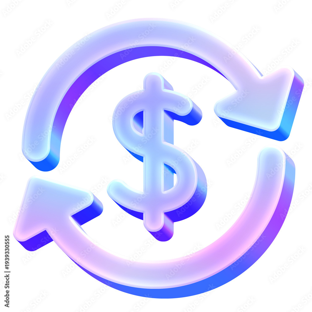 Obraz premium 3D Glossy Y2K Holographic Dollar Sync Icon - Gradient Pastel Money Exchange Refund