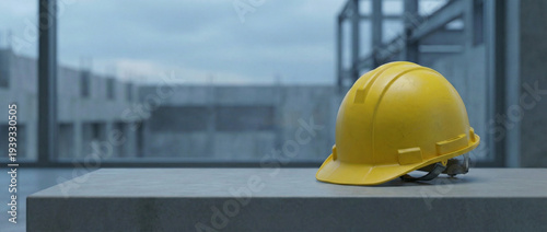 Yellow construction helmet placed on concrete surface in modern building  