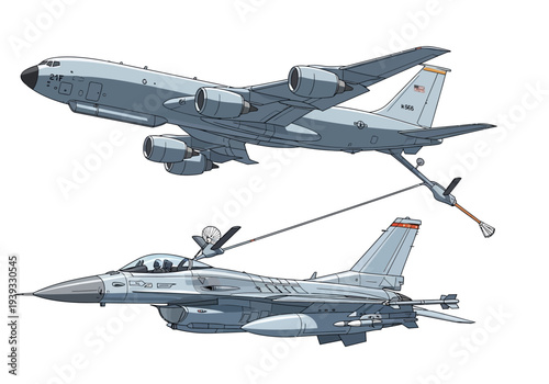 Military fighter jet refueling in flight.