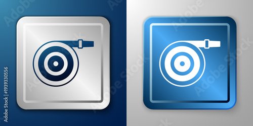 White Garden hose icon isolated on blue and grey background. Spray gun icon. Watering equipment. Silver and blue square button. Vector