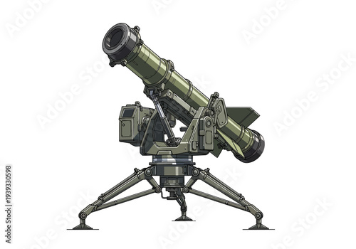 Military rocket launcher on tripod stand.