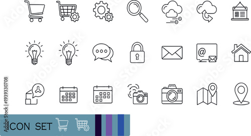 Print Essential Digital Interface and Business Navigation Icon Set Featuring Shopping Carts Cloud Computing Communication Tools and Location Services