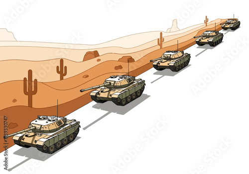 Military Tanks in Desert Formation.