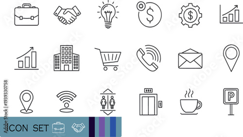 Print Professional Business and Corporate Office Icon Set Featuring Financial Growth Symbols Communication Tools Real Estate and Workplace Amenities