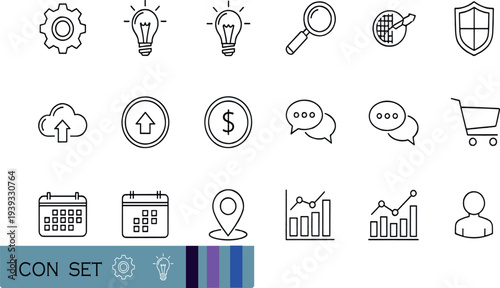Print Minimalist Business and Digital Communication Icon Set Featuring Financial Growth Symbols Cloud Technology Ideas and Analytical Data Charts