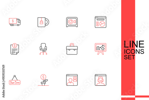 Set line Telephone 24 hours support, Video chat conference, Dollar plant, From 9 to 5 job, Monitor with graph chart, Briefcase, Office chair and Contract money icon. Vector