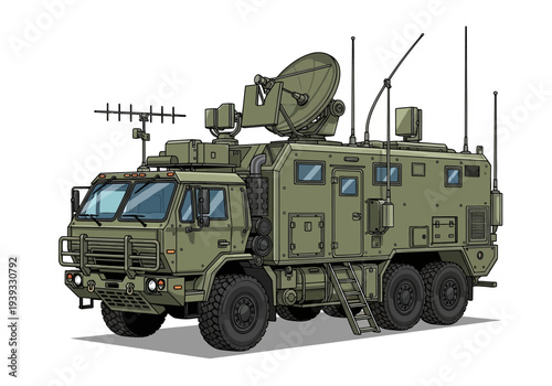 Military truck with satellite communication equipment.