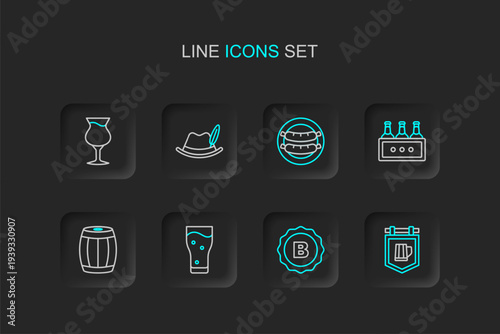 Set line Street signboard with beer, Bottle cap, Glass of, Wooden barrel, Pack bottles, Sausage, Oktoberfest hat and icon. Vector