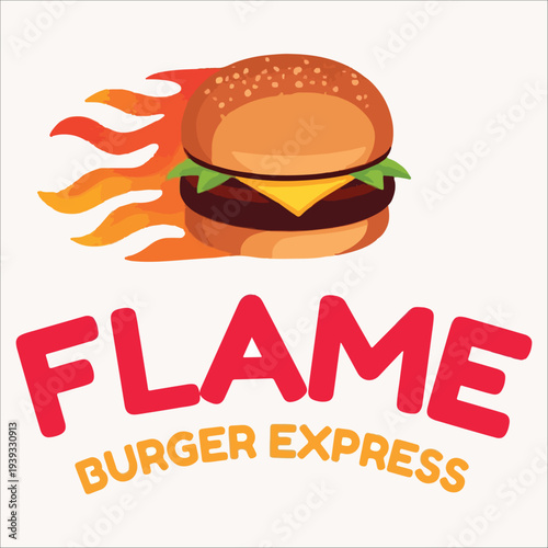 Flame grilled burger logo with fire design for fast food restaurant branding and menu