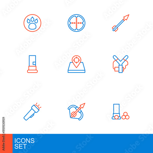 Set line Cartridges, Medieval bow and arrow, Flashlight, Slingshot, Hunt place, and Sniper optical sight icon. Vector