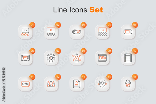 Set line Science fiction, Drama theatrical mask, Scenario, Prohibition no video recording, Record button, Play, Full HD 1080p and No alcohol icon. Vector