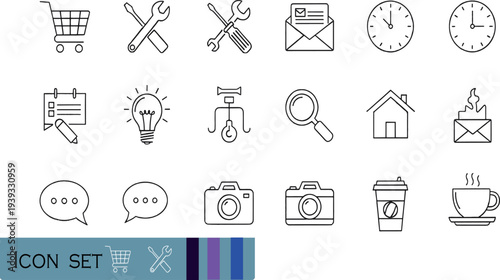 Print Minimalist User Interface and Lifestyle Navigation Icon Set Featuring Shopping Carts Repair Tools Communication Symbols and Cafe Essentials
