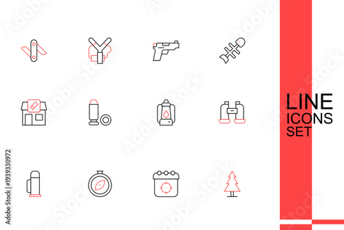 Set line Tree, Target sport, Compass, Thermos container, Binoculars, Camping lantern, Bullet and Hunting shop icon. Vector