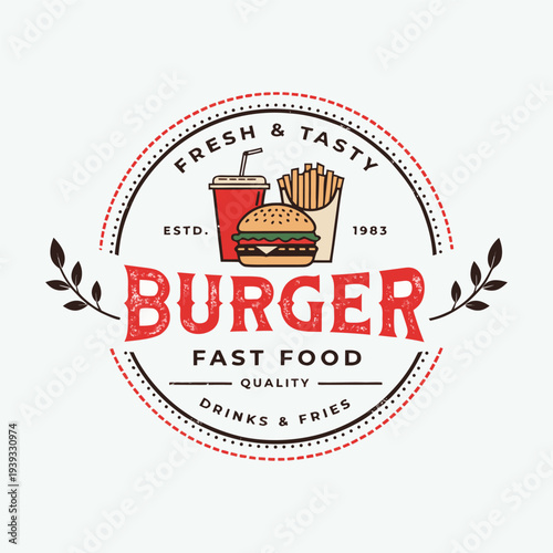 Vintage burger fast food logo design with cup fries and retro aesthetic vector illustration
