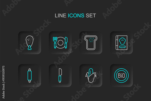 Set line Banner for bio, Corn, Knife, Rolling pin, Cookbook, Bread toast, Plate, fork and knife and Chicken leg icon. Vector