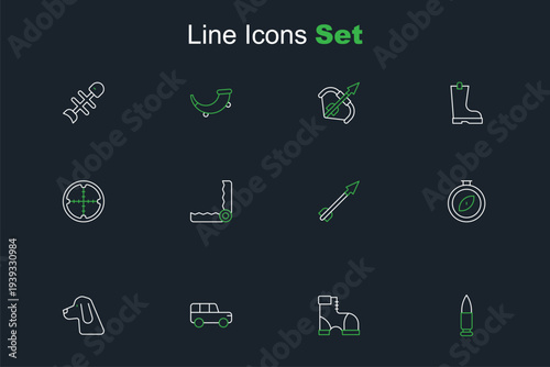 Set line Bullet, Hunter boots, Safari car, Hunting dog, Compass, Medieval arrow, Trap hunting and Sniper optical sight icon. Vector