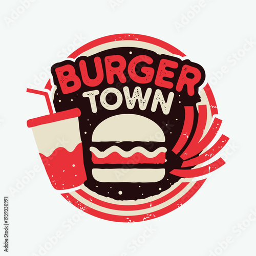  Vintage burger town fast food logo with burger and soda in retro diner style design