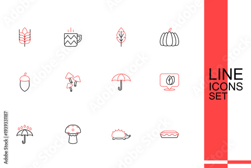 Set line Homemade pie, Hedgehog, Mushroom, Umbrella and rain drops, Location with leaf, and Acorn icon. Vector