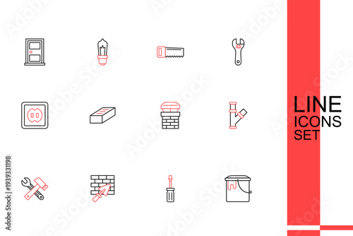 Set line Paint bucket, Screwdriver, Brick wall with trowel, Window room, Industry metallic pipe, Chimney, and Electrical outlet icon. Vector