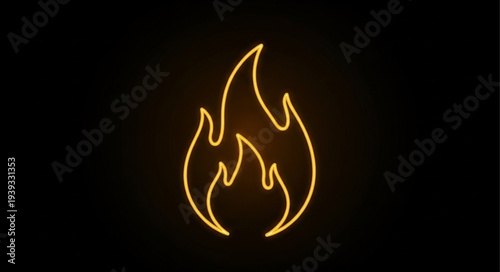 Bright Orange Neon Fire Flame Symbol on Black Background.