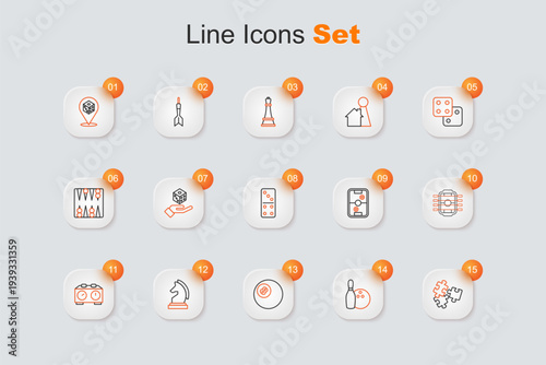 Set line Puzzle pieces toy, Bowling pin and ball, Billiard pool snooker, Chess, Time chess clock, Table football, Air hockey table and Domino icon. Vector