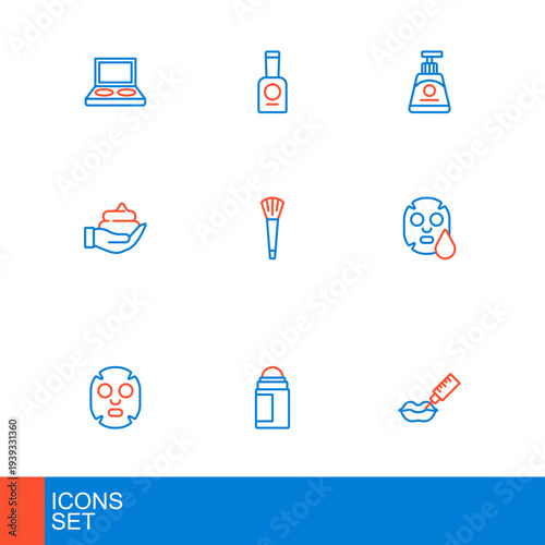Set line Lip augmentation, Deodorant roll, Facial cosmetic mask, Shaving foam hand, Makeup brush, Cream lotion tube and Bottle of nail polish icon. Vector