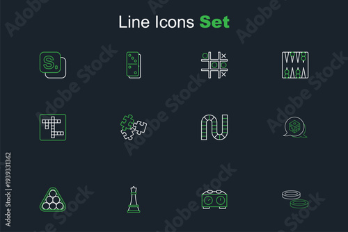 Set line Checker game chips, Time chess clock, Chess, Billiard balls in triangle, Game dice, Board, Puzzle pieces toy and Crossword icon. Vector