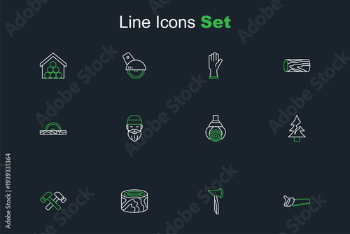 Set line Hand saw, Wooden axe, logs, Crossed hammer, Tree, Grapple crane grabbed, Lumberjack and Electric circular icon. Vector