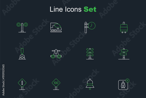 Set line Online ticket booking, Speed limit traffic sign 100 km, Exclamation mark square, Road, Railroad crossing, Handcar transportation and Arrow for switching the railway icon. Vector