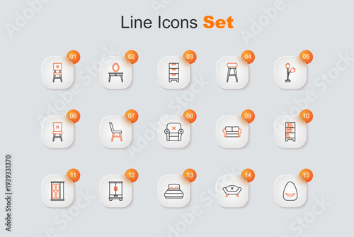 Set line Pouf, Sofa, Big bed, Wardrobe, Lamp hanging, and Armchair icon. Vector