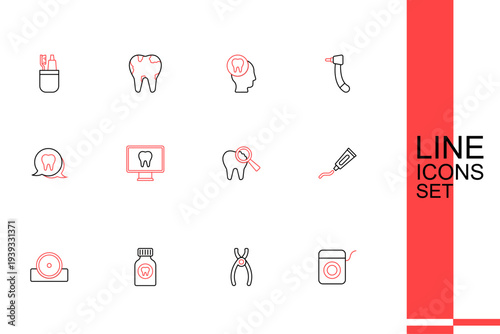 Set line Dental floss, pliers, Toothache painkiller tablet, Otolaryngological head reflector, Tube of toothpaste, Broken, Online dental care and icon. Vector