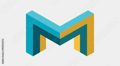 A striking, three-dimensional representation of the letter M, highlighted in bright blue and yellow tones, showcasing a unique geometric design and modern artistic flair for branding.