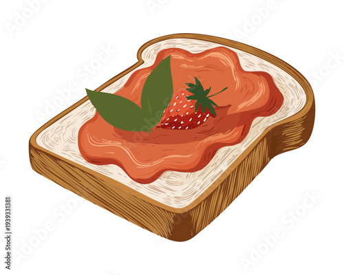 Sweet toasted bread slice with strawberry jam spread and fresh strawberry fruit on top for breakfast and snack menu - Vector Illustration