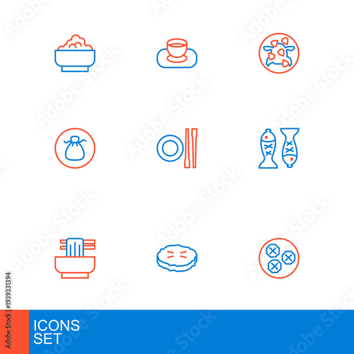 Set line Wonton, Homemade pie, Asian noodles in bowl, Served fish plate, Food chopsticks with, Kung Pao chicken and Soy sauce icon. Vector