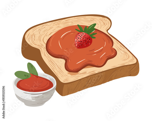 Thick slice of bread with generous strawberry jam and fresh berry garnish for simple sweet snack and bakery design - Vector Illustration